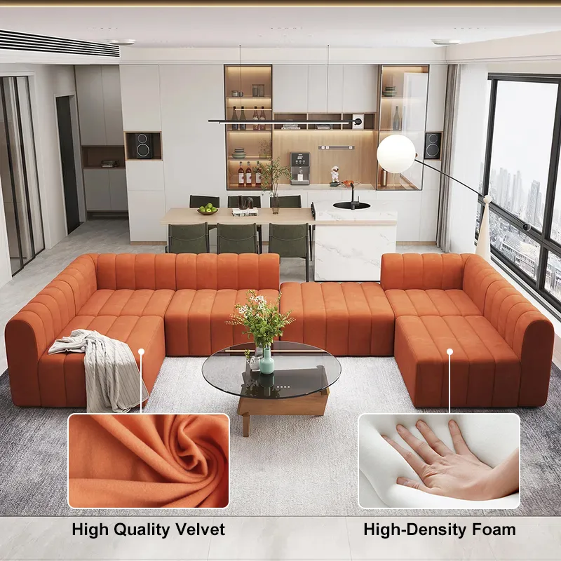 118.9" Velvet Convertible Modular Sectional Sofa Orange Upholstered 6-Seater Sofa Set — image 19