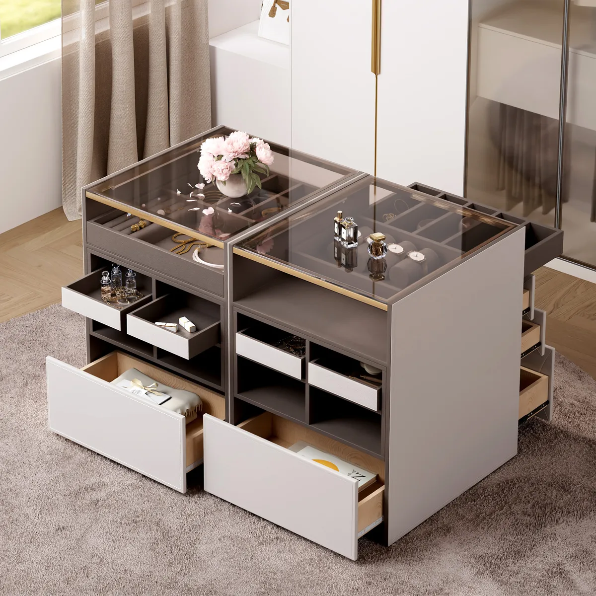 Saddle Leather 7-Dresser Walk-In Closet Island with Light & Jewelry Display — image 6
