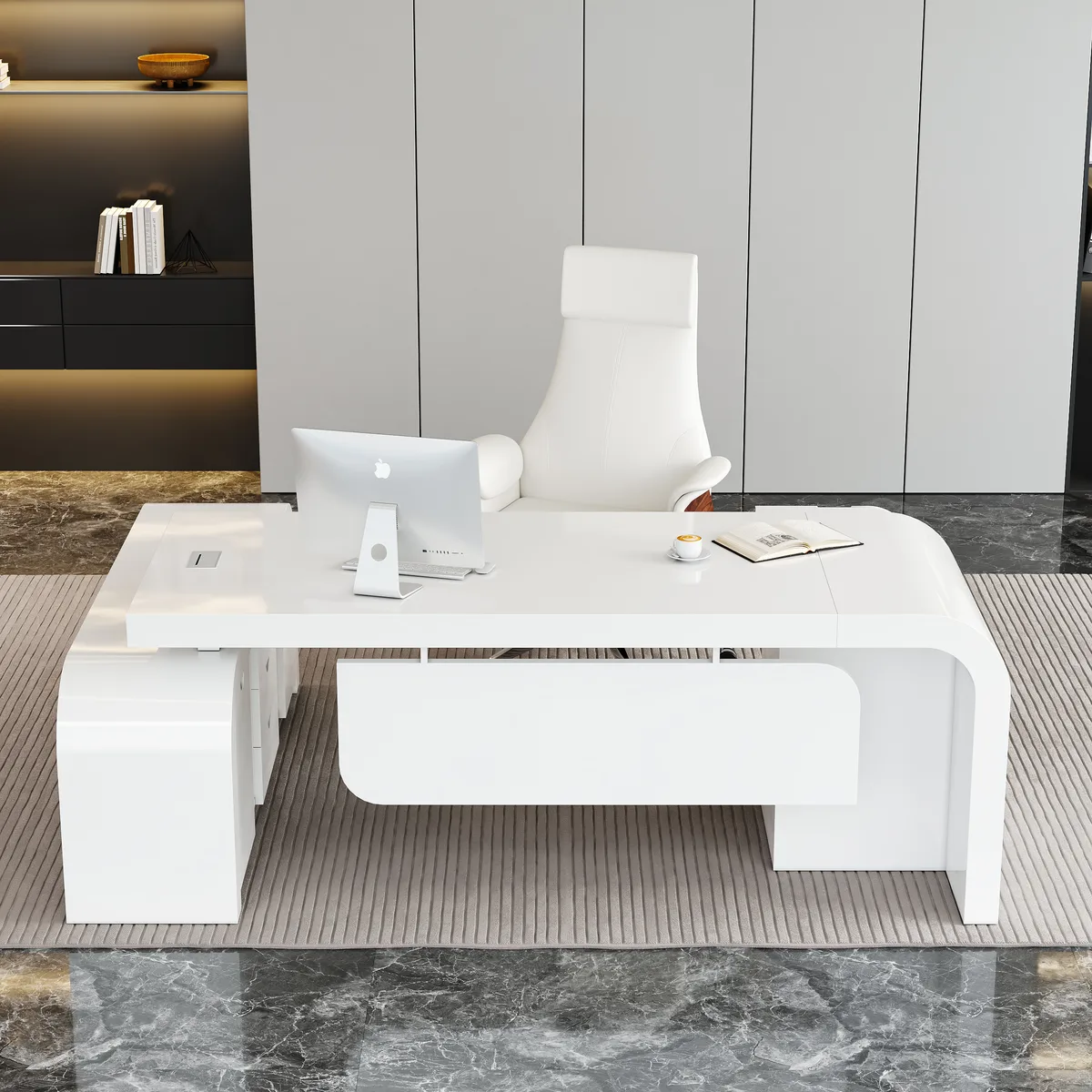 L-shaped Modern Executive Desk & Reclining Leather Office Desk Chair High Back — image 12