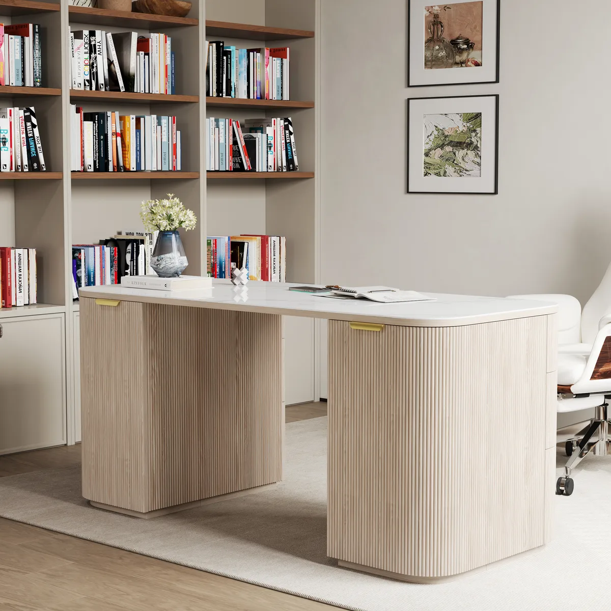 Walnut Ash Wood & Sintered Stone Rectangle Desk with 6 Drawers (63.8") — image 22