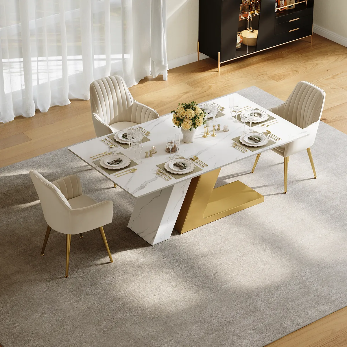 Modern 63" Rectangle Faux Marble Dining Table with 4 Chairs — image 3