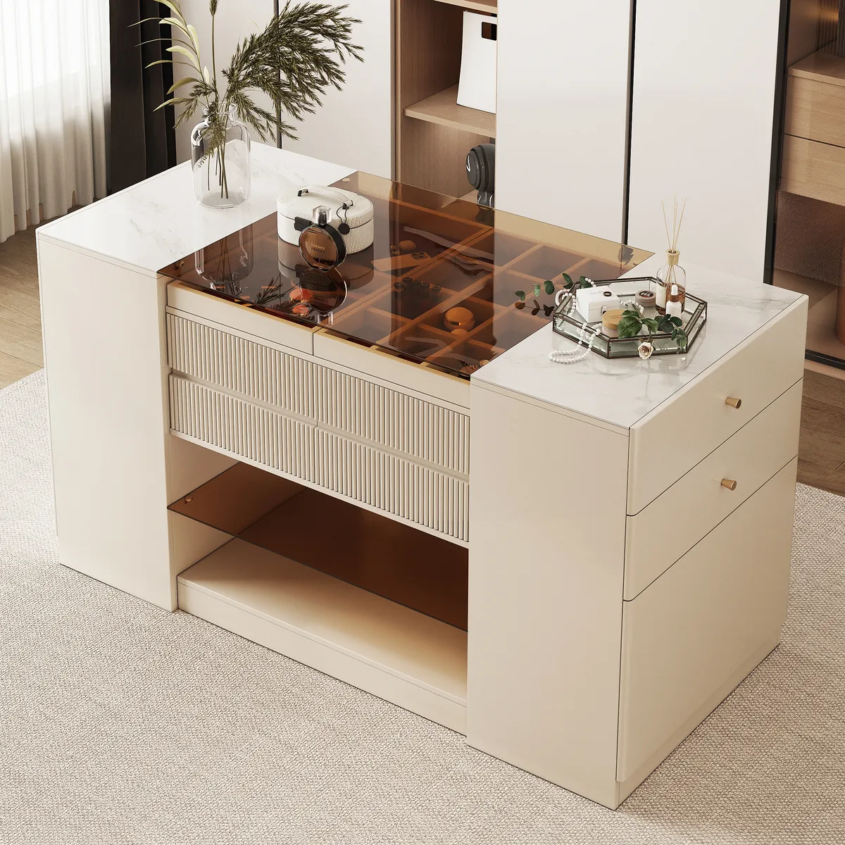 60" Glass Top Walnut Dresser Walk-in Closet Island with Jewelry Storage
