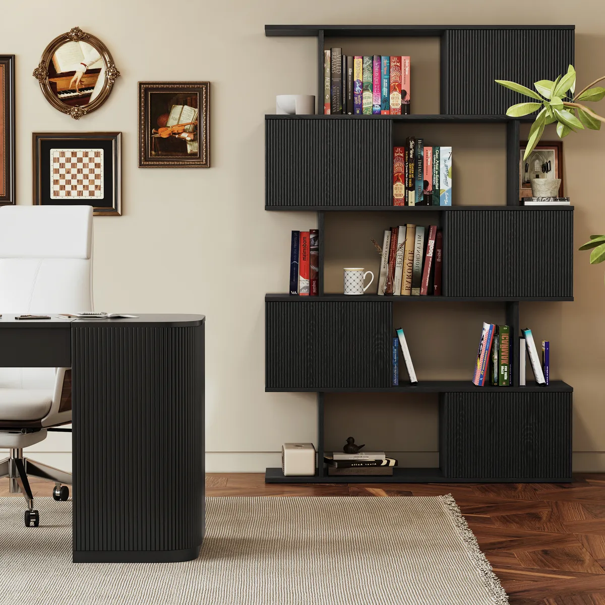Modern 60" Black Standing Office Desk & Sliding Door Etagere Bookshelf — image 4