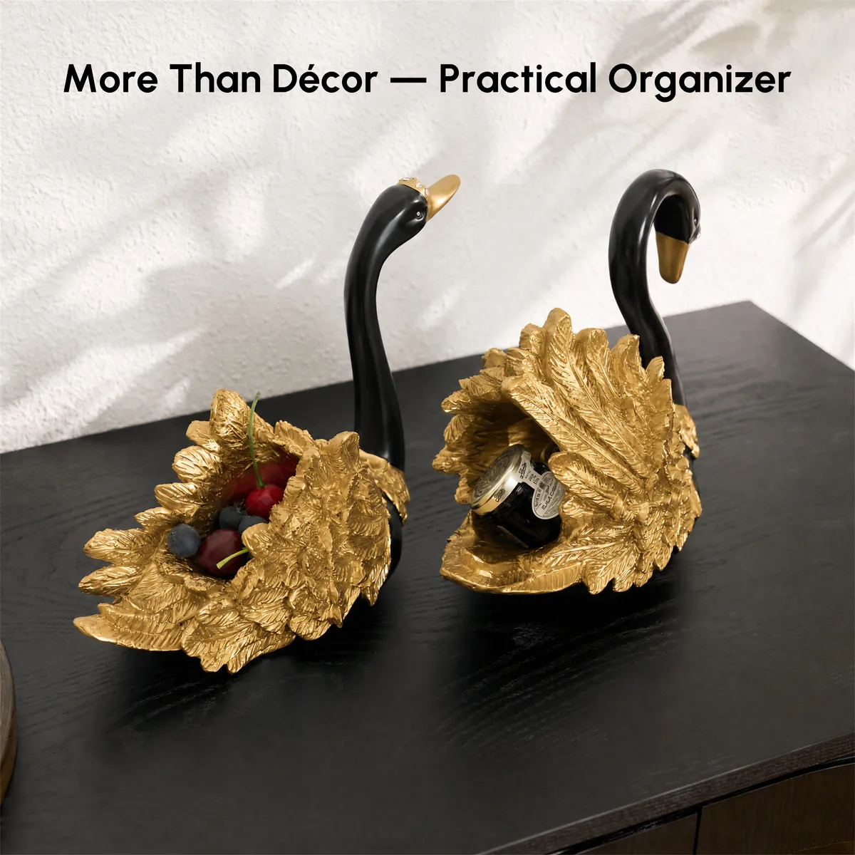 2-Piece Resin Swan Figurines, Black & Gold Decorative Storage Set — image 27