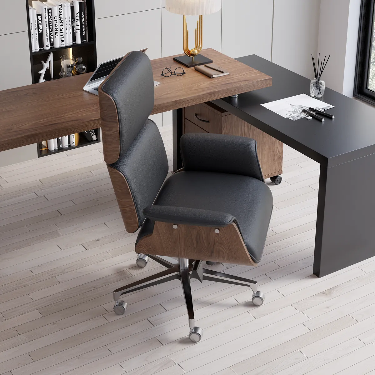 Modern Off White Home Office Chair Upholstered Swivel Task Office Chair High Back — image 4