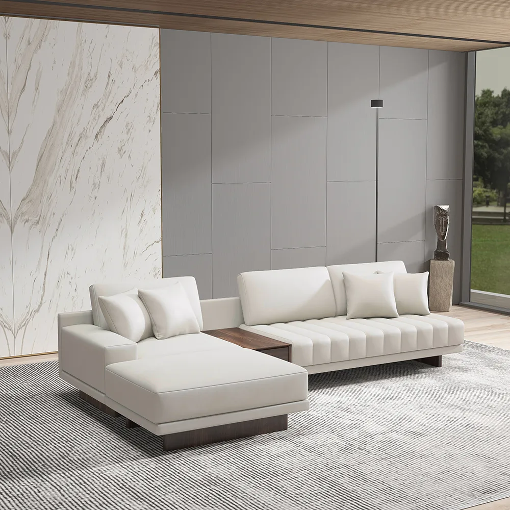Modern Living Room Couch Set Fabric L-Shaped White Modular Sectional Sofa & Wood Block Coffee Table — image 15