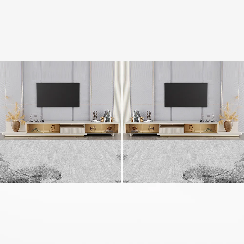 LED Light Extendable TV Stand Light Khaki Floor Media Console with Glass Door & Drawers — image 17
