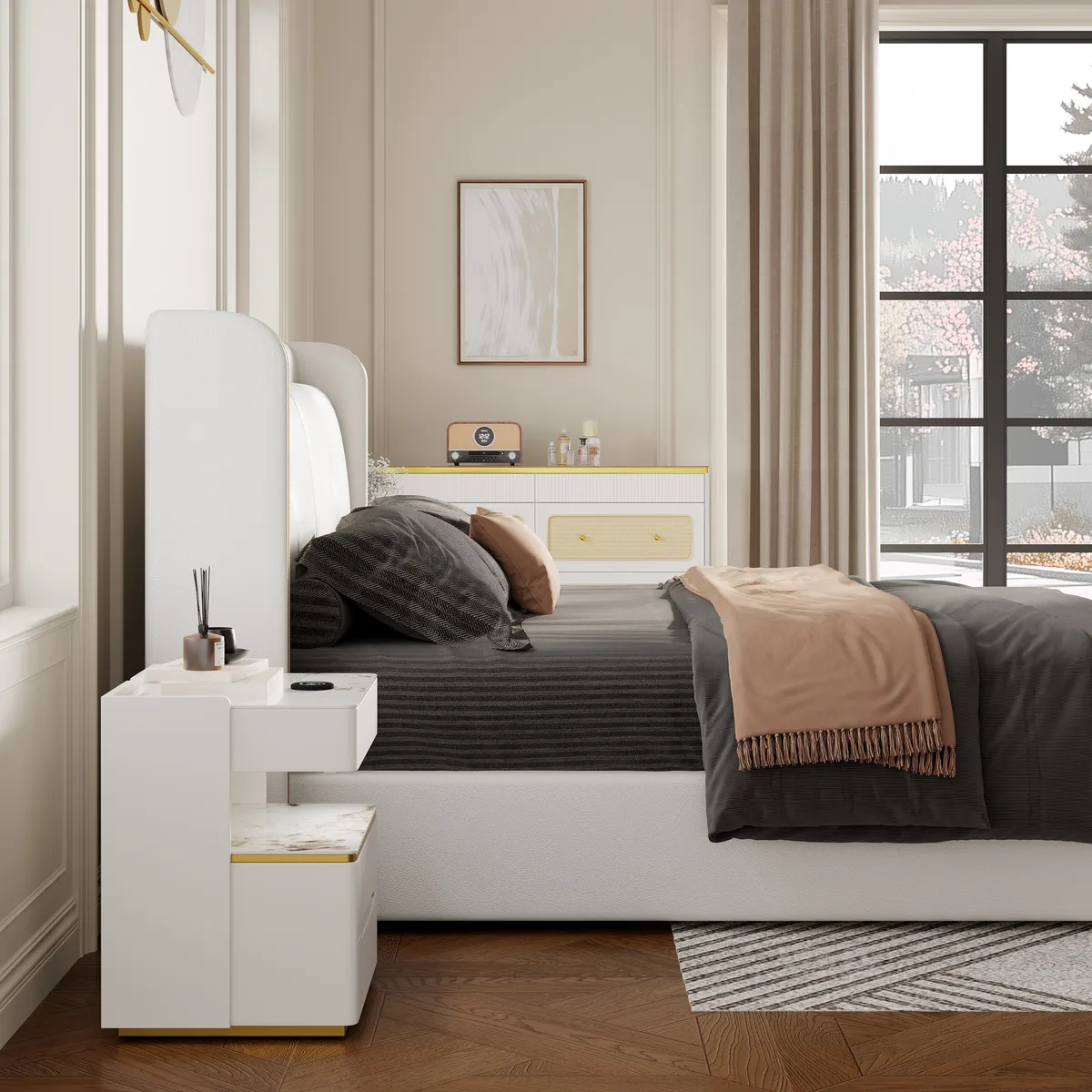 Homary White Wingback King Bed with Faux Leather Upholstered Foam Padding Headboard & Nightstands Set with Wireless Charger & Sensor Light — image 5