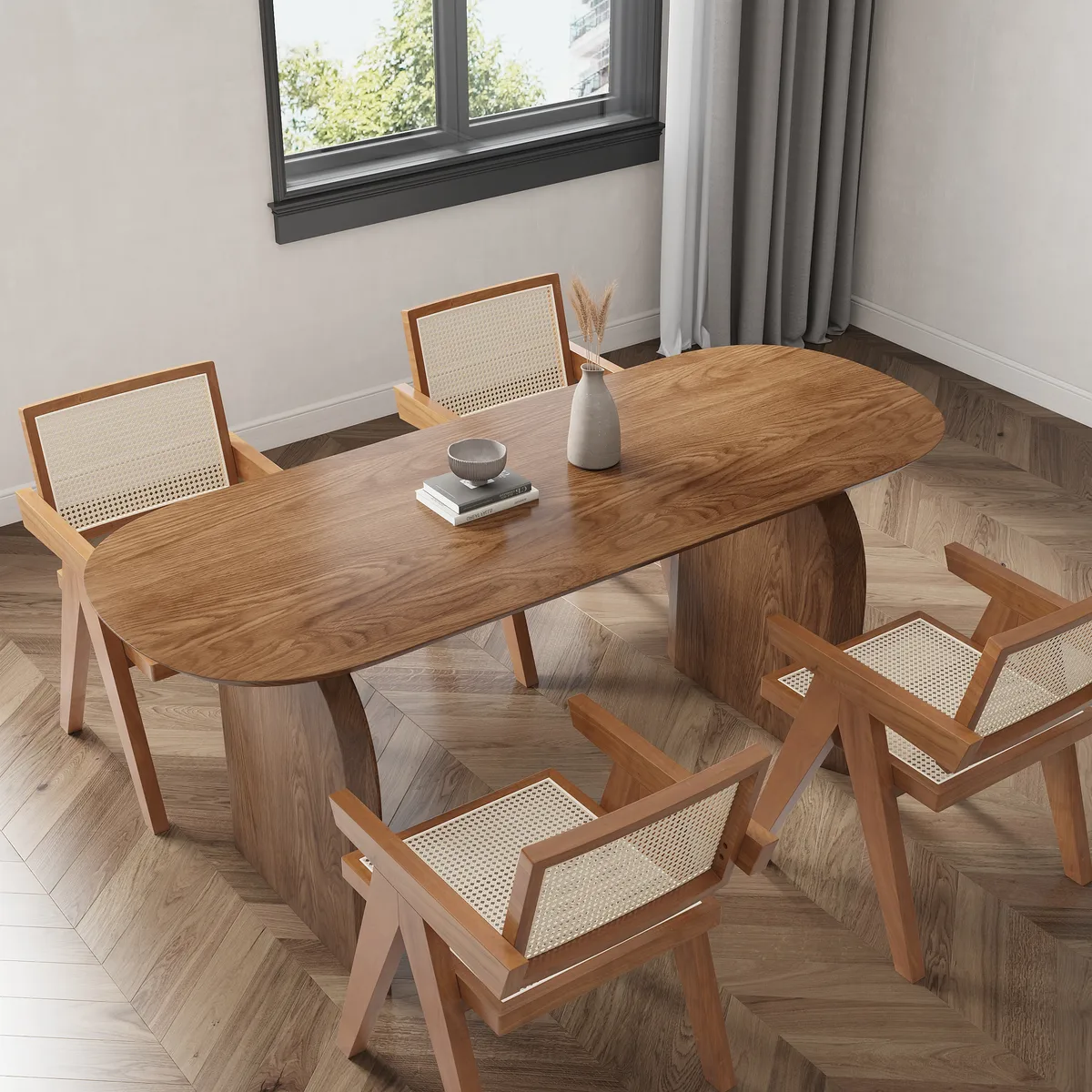 Dining Table Set 70.9" Oval Solid Wood Dining Table & 4 Walnut Japandi Rattan Dining Chairs — image 2