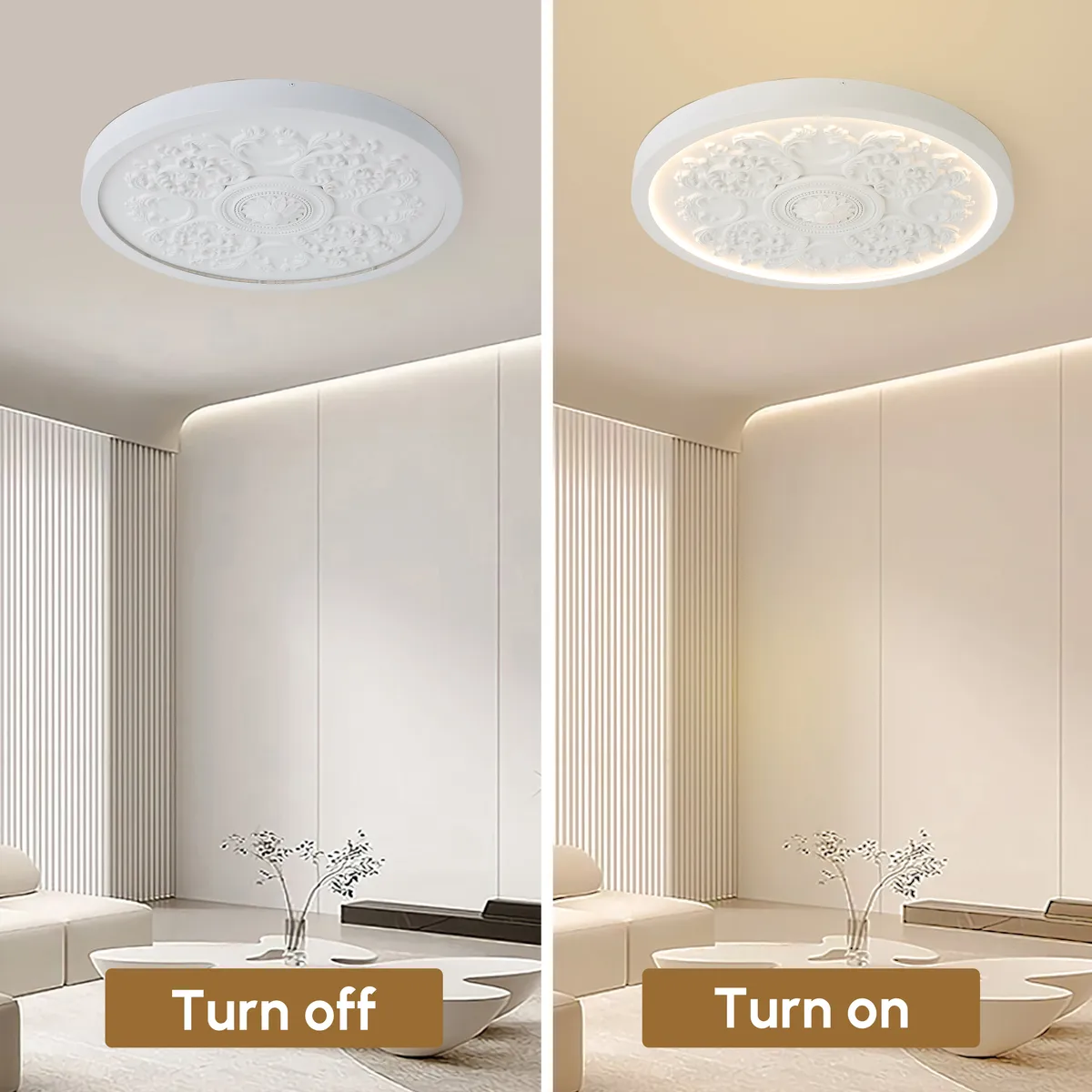 French Elegant White Resin 3D Carved LED Dimmable Flush Mount Ceiling Light — image 28