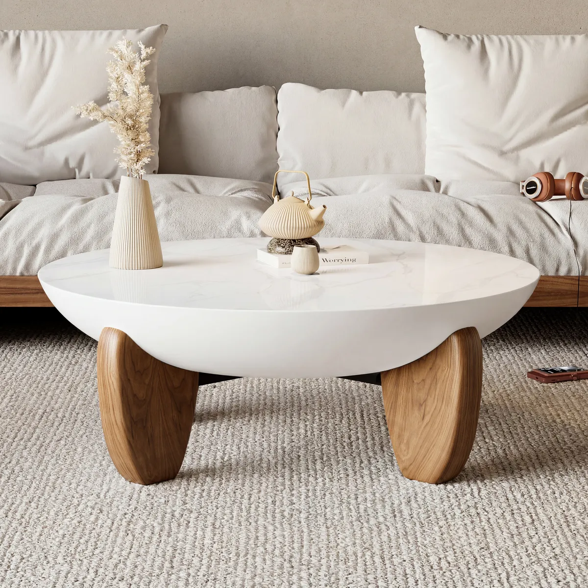 Curva Round Concrete Walnut Coffee Table with Wood Legs — image 19