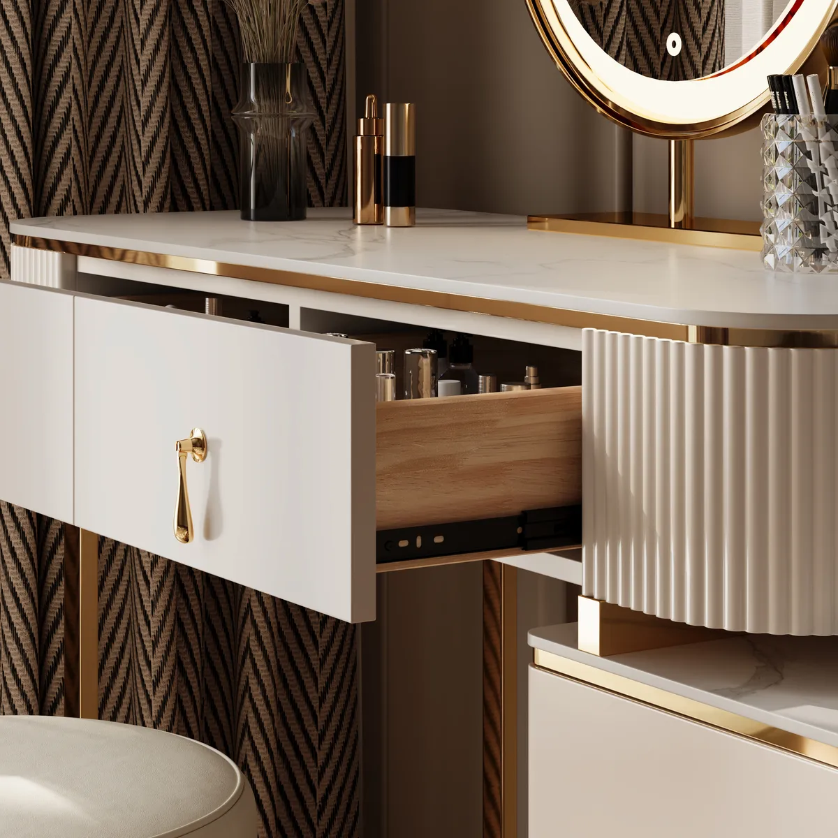 Nordic Makeup Vanity Extendable with 5-Drawer Dressing Table with Stone Top in Champagne — image 10