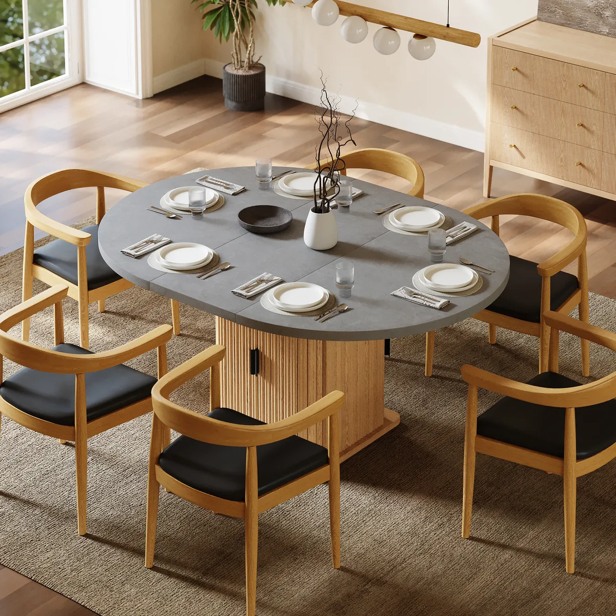 47"-63" Gray Extendable Dining Table Modern for 6 with Fluted Base & Storage