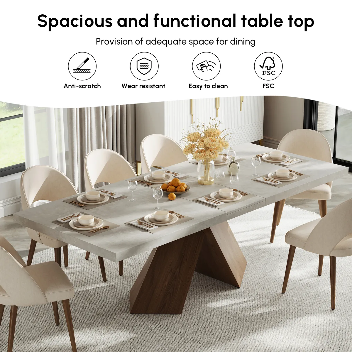 63"-79" Extendable Walnut Dining Table Modern Farmhouse Rectangle 4-6 Seater Pedestal — image 20