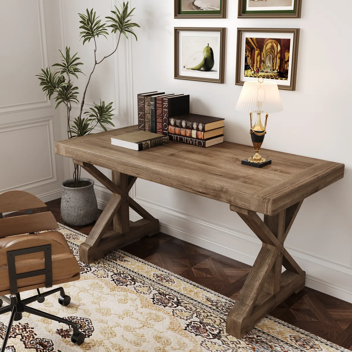 Vintage Style Pine wood Office Writing Desk with Trestle Leg in Natural Farmhouse Home Office Furniture Rectangular