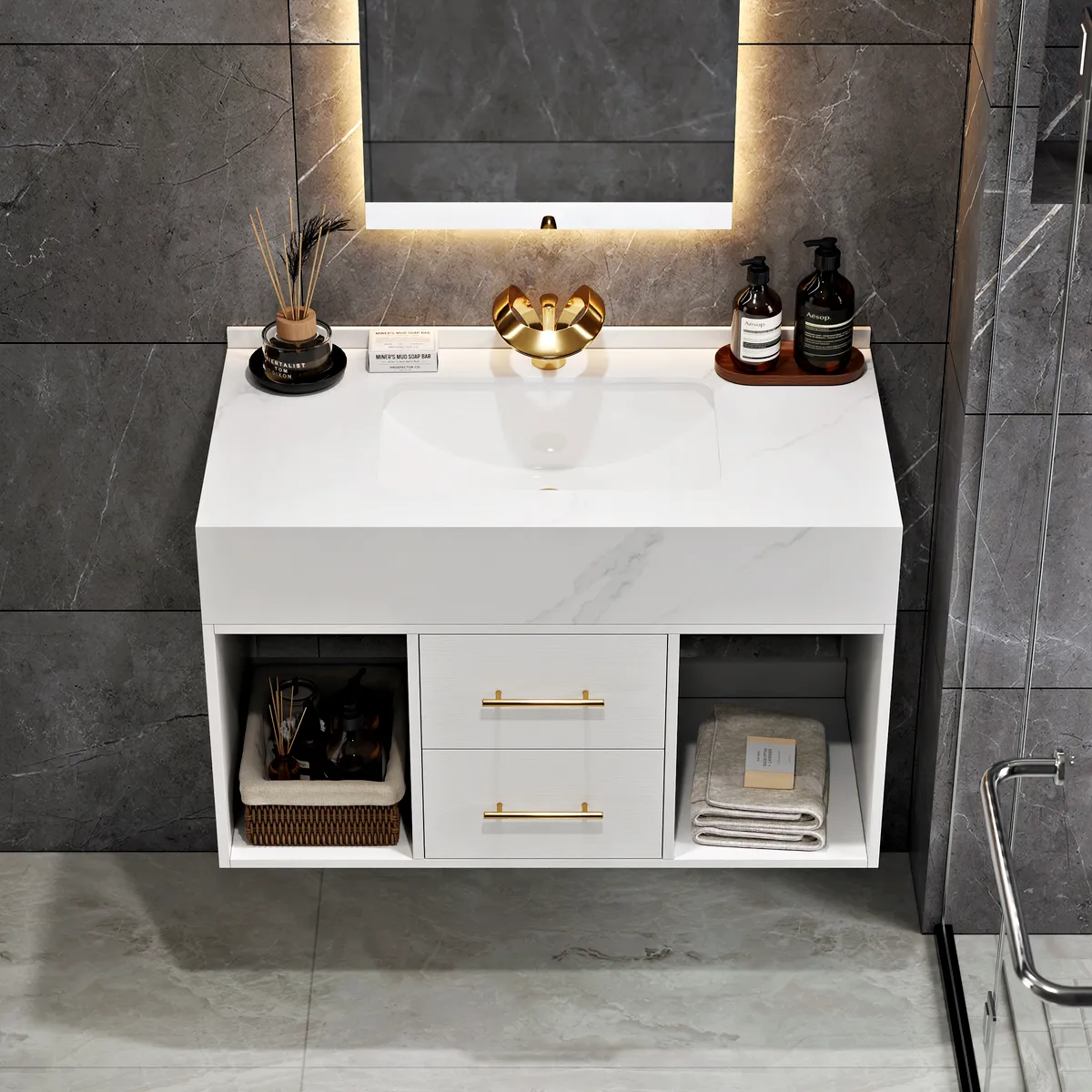 35.4" Floating Bathroom Vanity with Cultured Marble Vessel Sink with 2 Drawers — image 13