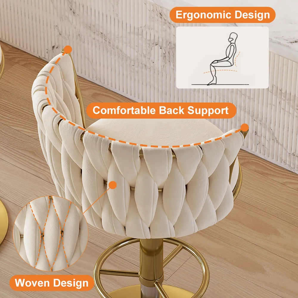 Sweave Set of 2 Gray Swivel Bar Stools Velvet Curved Back Adjustable Height — image 10