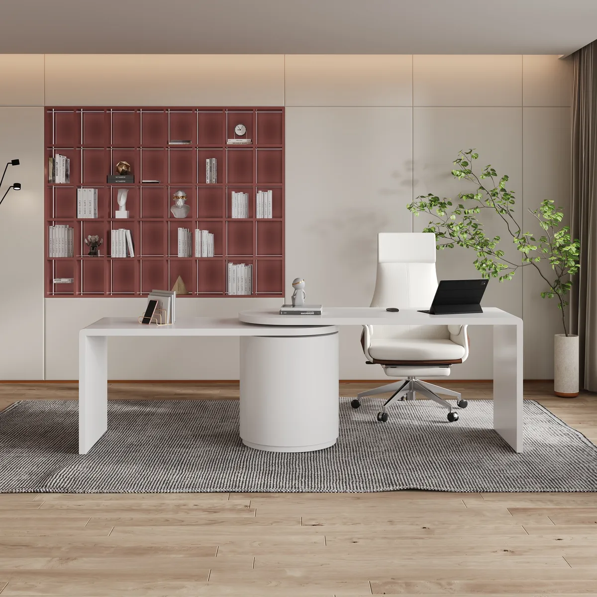 Modern 60" L-Shaped Walnut Office Desk with Drawers, Rotating Design — image 3