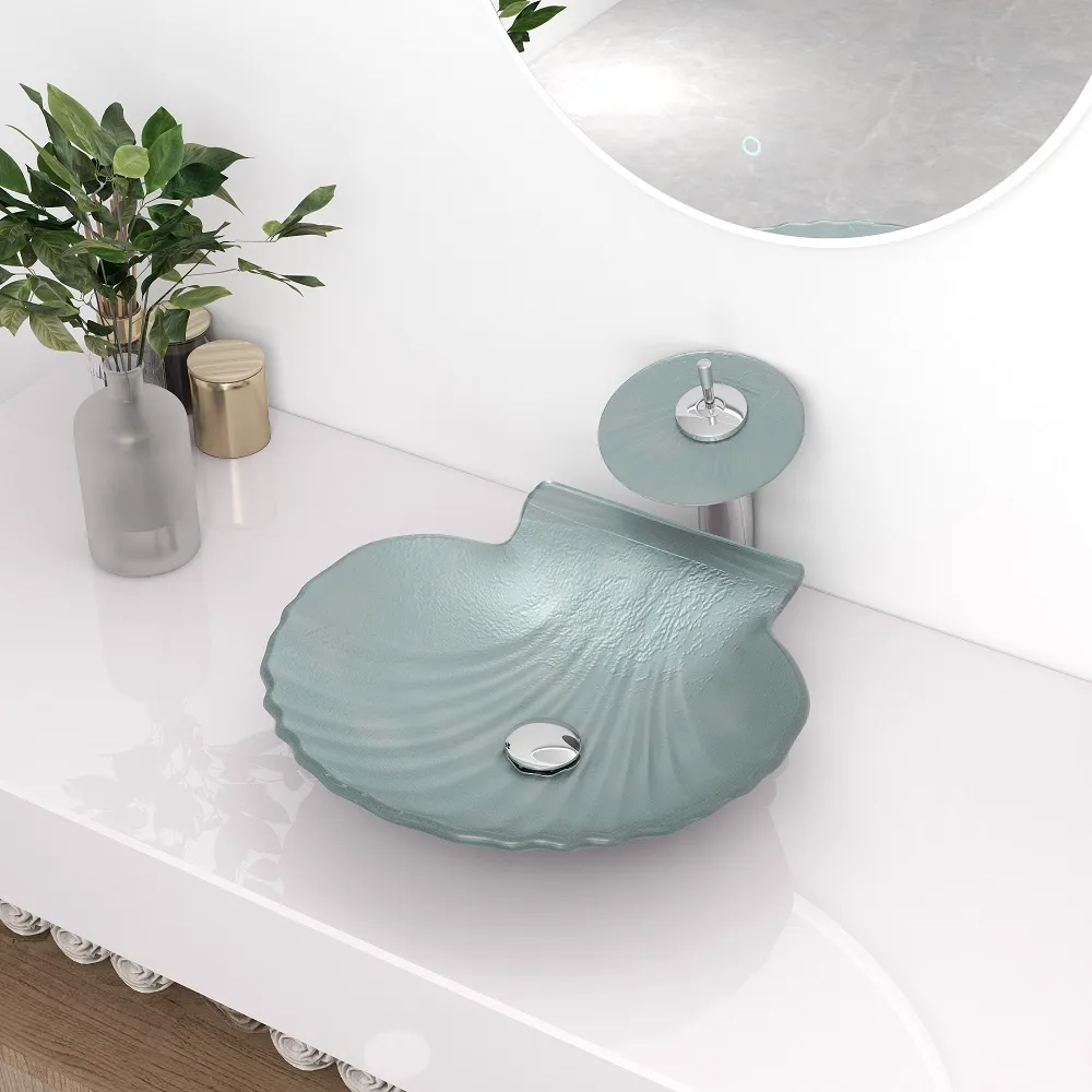 Vessel Transparent Shell Shaped Crystal Glass Bowl Bathroom Wash Sink with Faucet — image 6