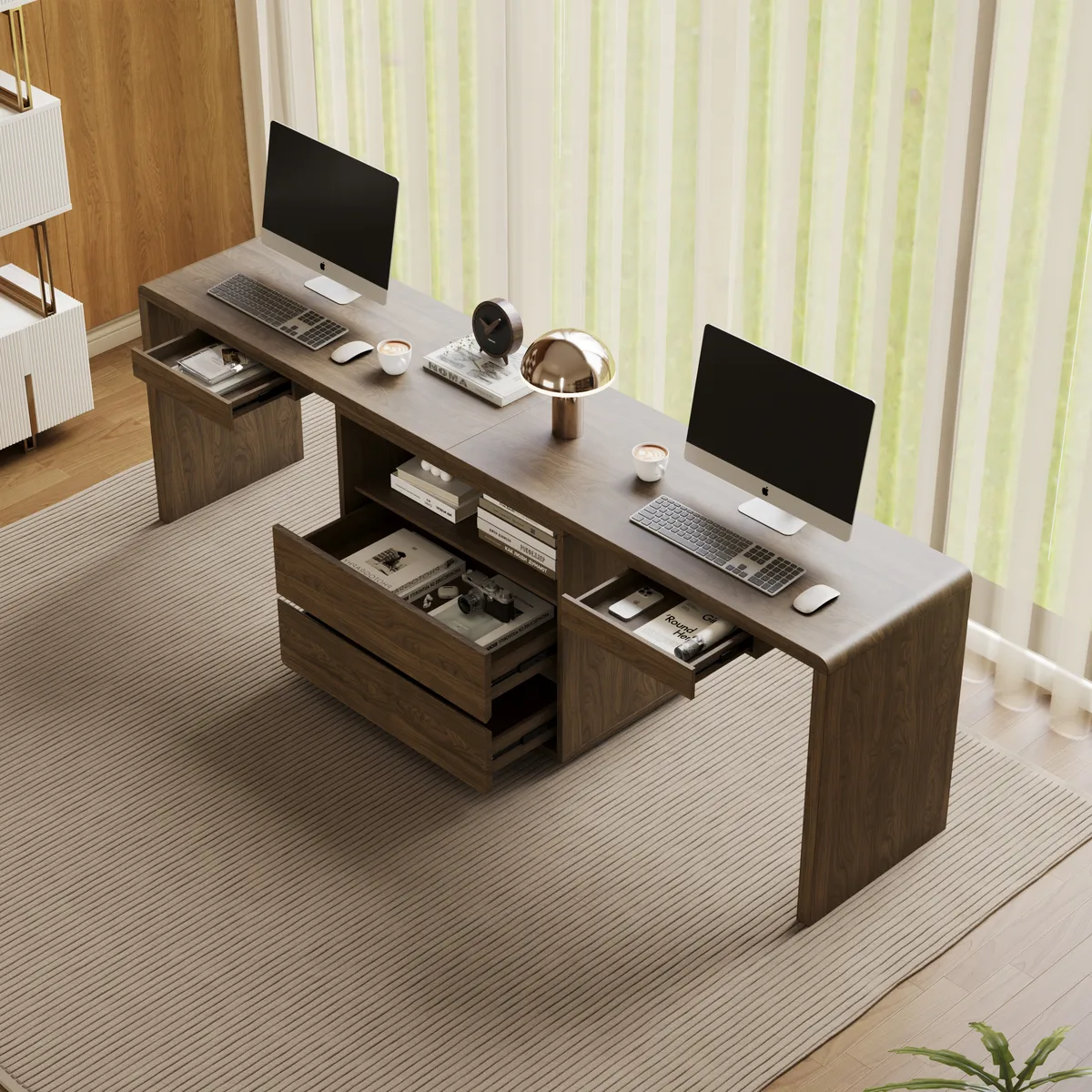 Modern 94" Rectangular Brown Double Desk with Drawers, Seats 2 — image 18