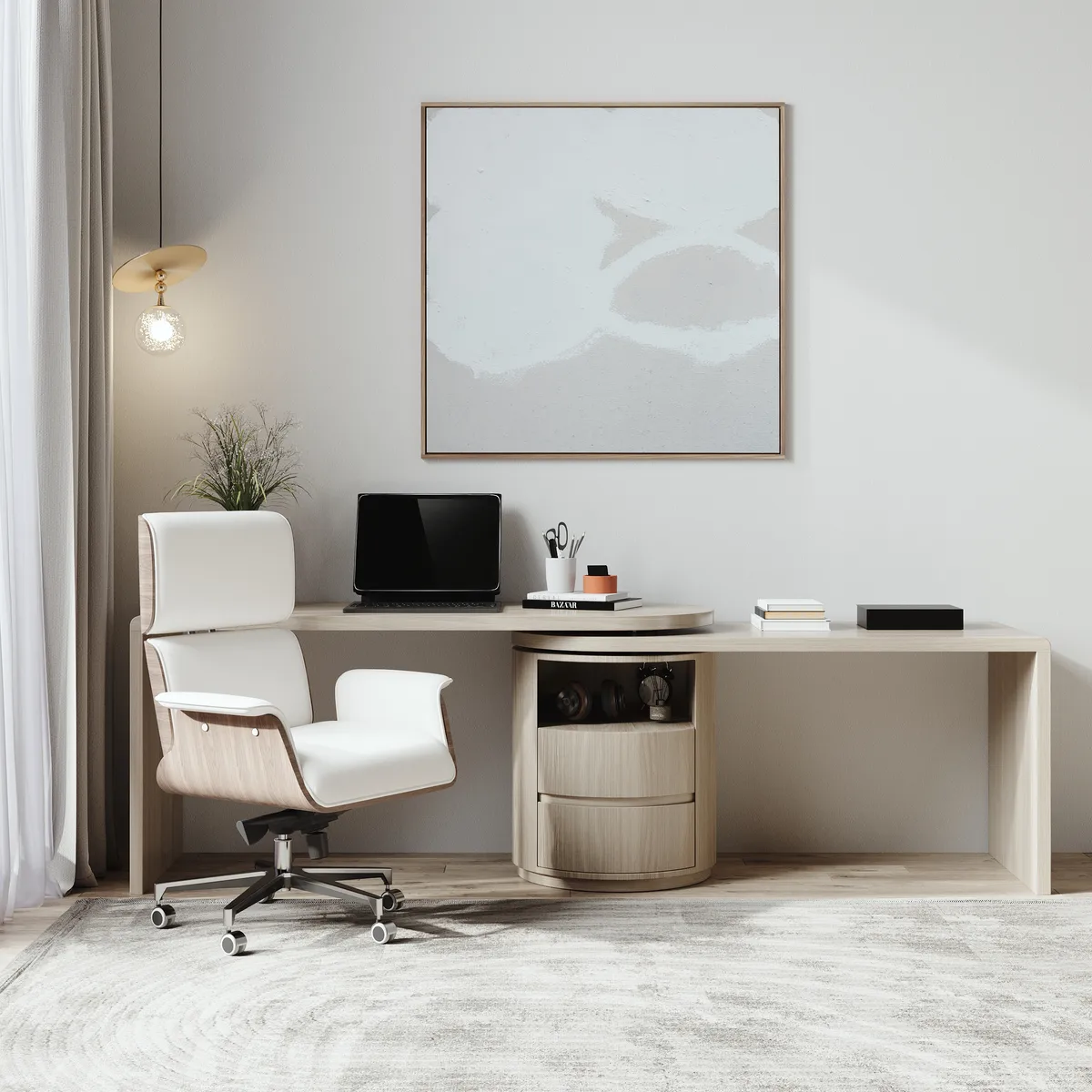 Modern Wash White L Shaped Desk & Off White Home Office Chair Set Upholstered Swivel — image 22
