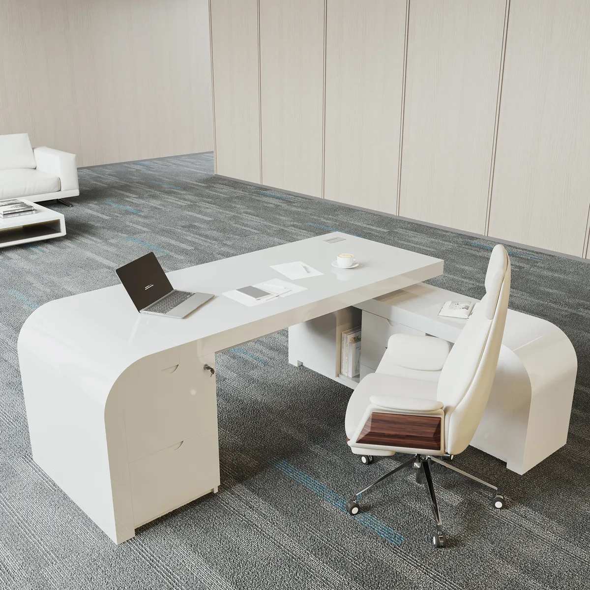 L-shaped Modern Executive Desk & Reclining Leather Office Desk Chair High Back — image 13