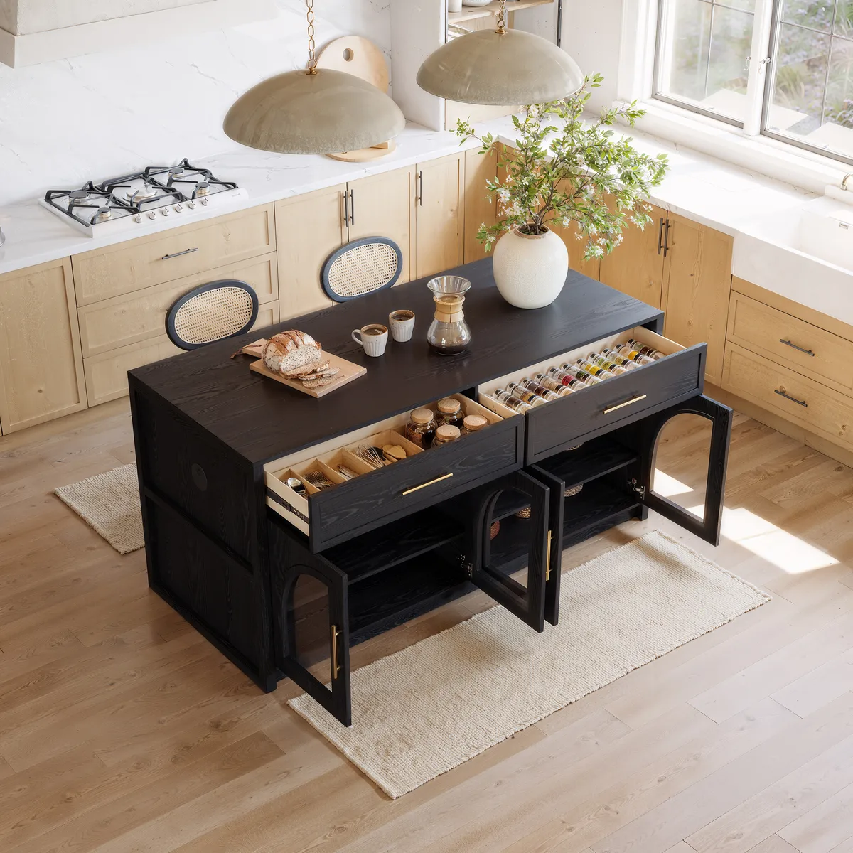 71" Modern Style Black Kitchen Islands with Glass Doors & Drawers — image 5