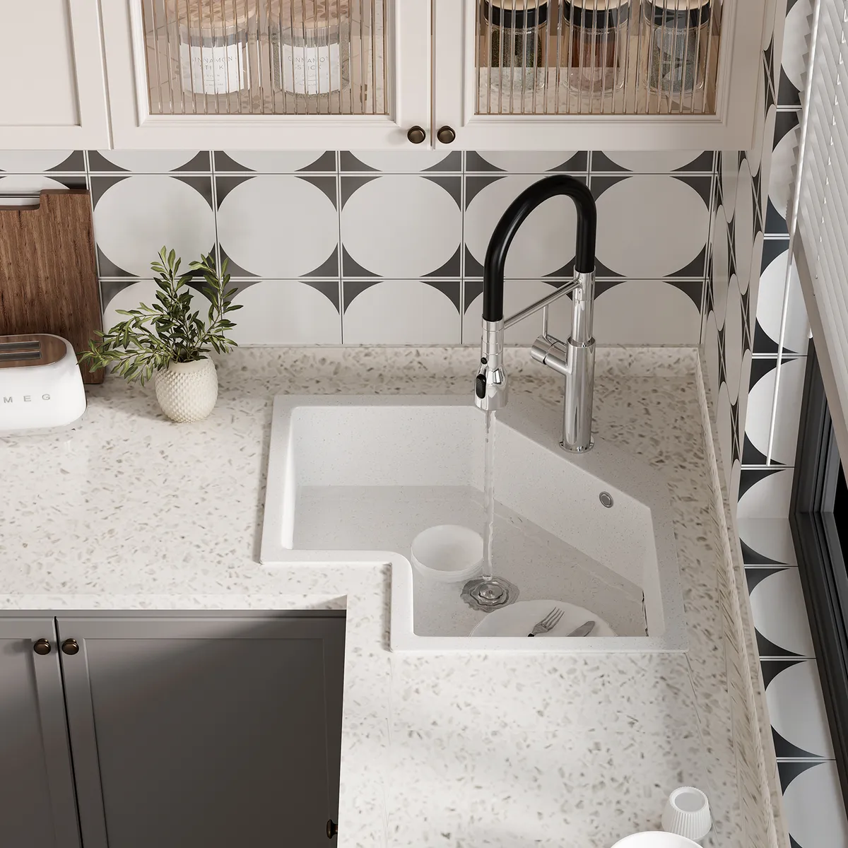 Drop In Corner Irregular Kitchen Sink White 25" Quartz — image 11