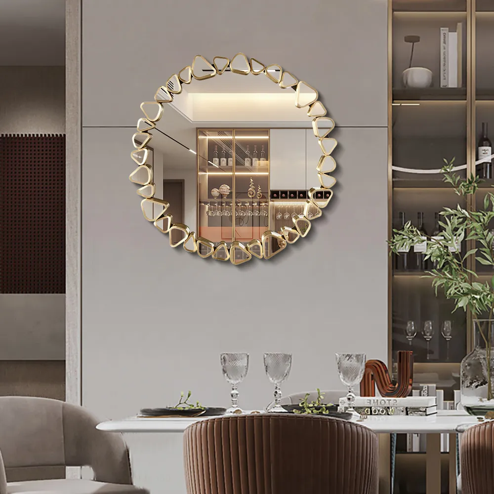 23.6" Modern Large Gold Round Pebble Wall Mirror Decor with Geometric Frame Living Room — image 6