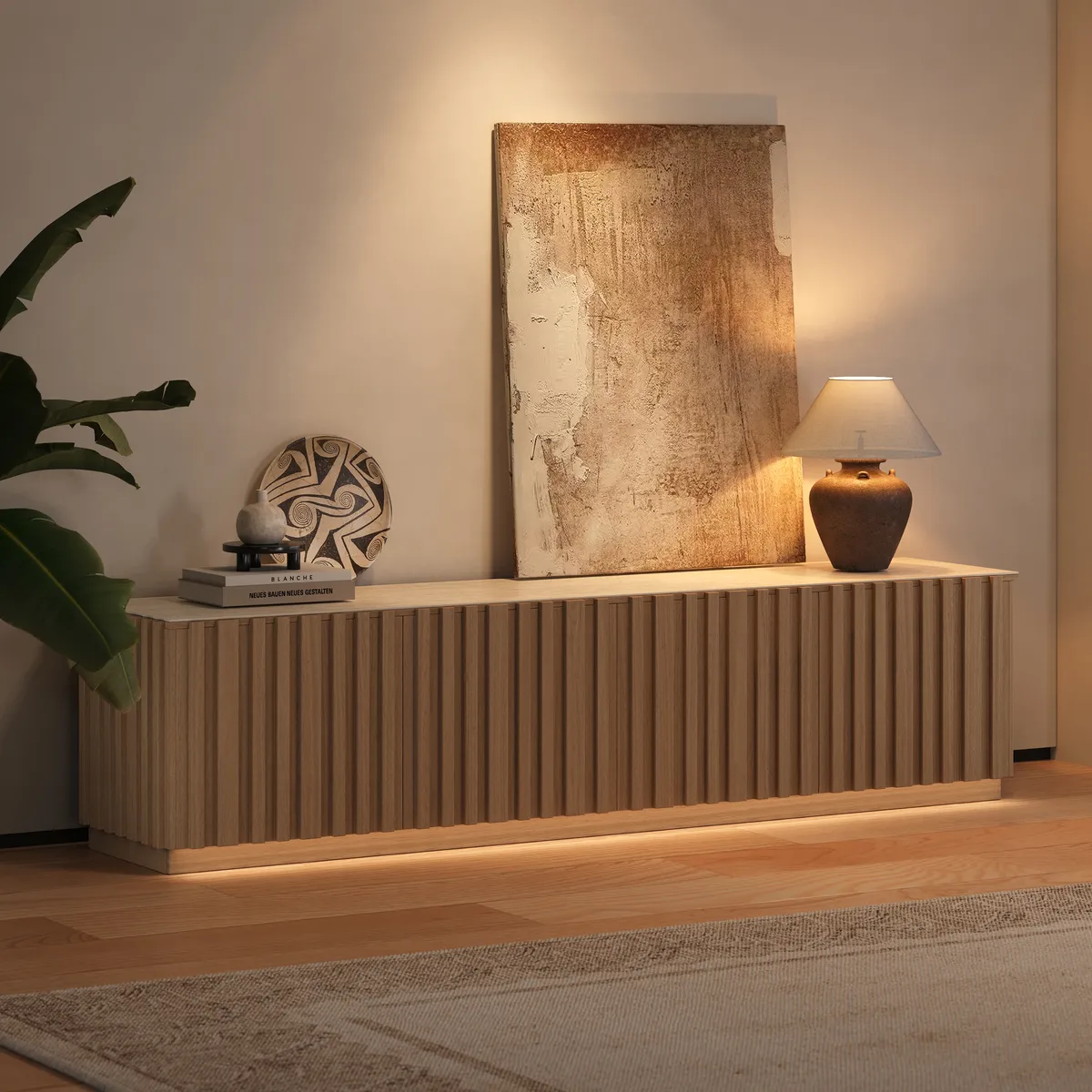 Aura 83" Ash Wood Fluted Smoked Brown TV Stand with Sintered Stone Top