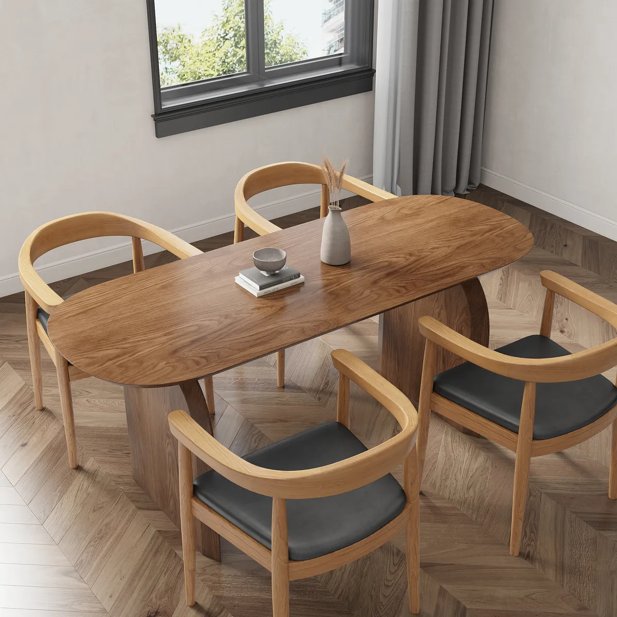 Dining Table Set 70.9" Oval Solid Wood Dining Table & 4 Walnut Japandi Rattan Dining Chairs — image 15