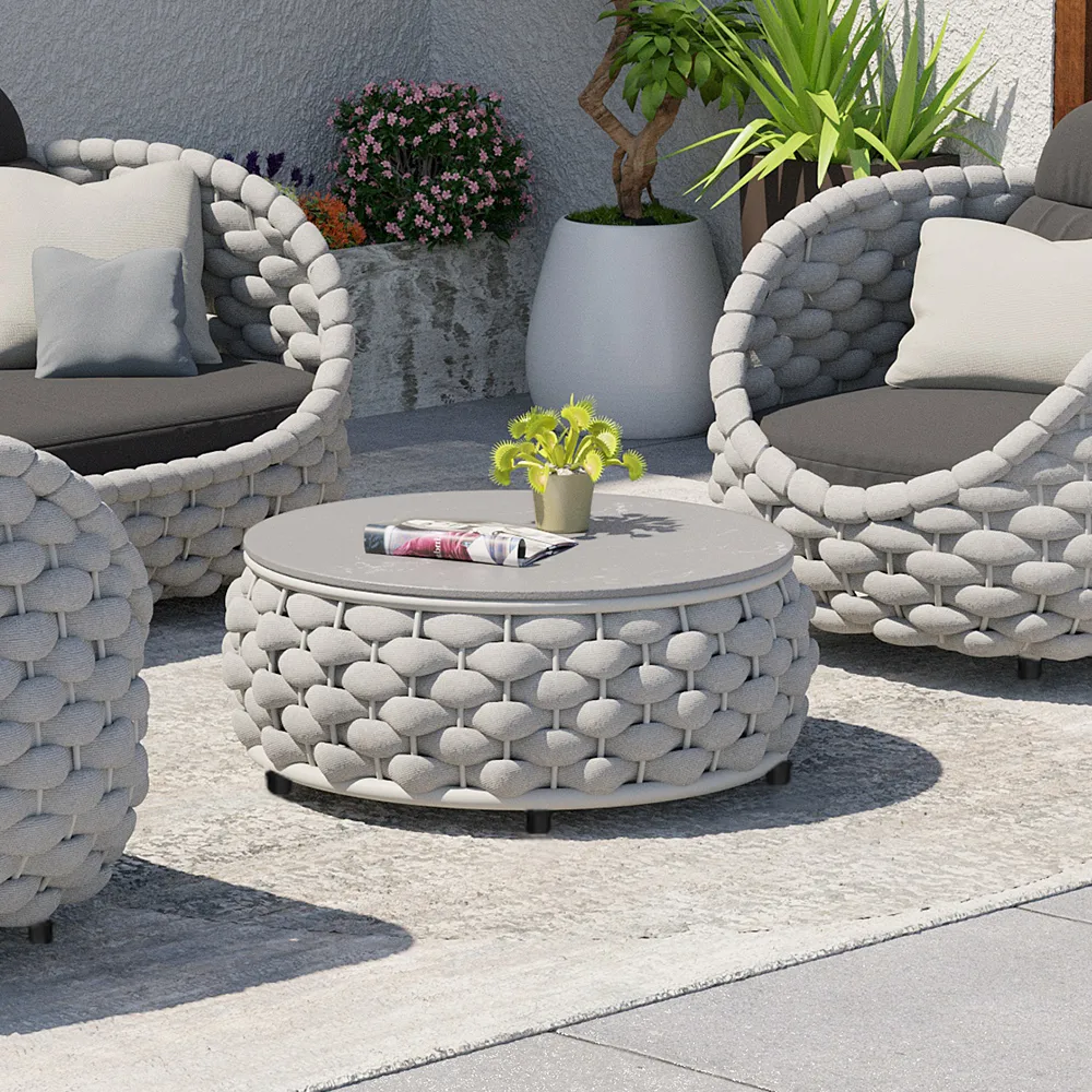 Tatta Modern Top Round Outdoor Coffee Table with Woven Rope Base & Storage — image 9