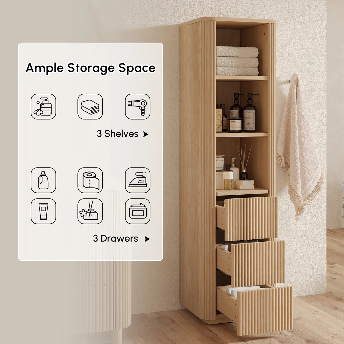 Fluted 58" Bathroom Linen Cabinet with 3 Drawers and Open Shelves — image 9