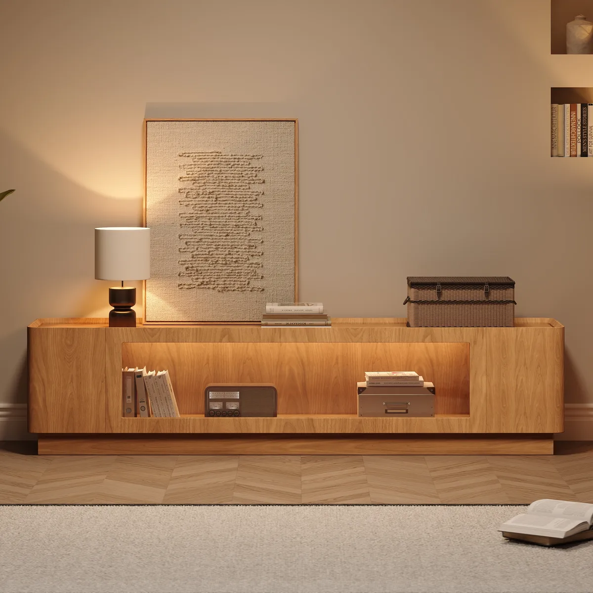 79'' Glass Door TV Stand Mid Century Modern Wood Media Console with Storage & LED — image 12