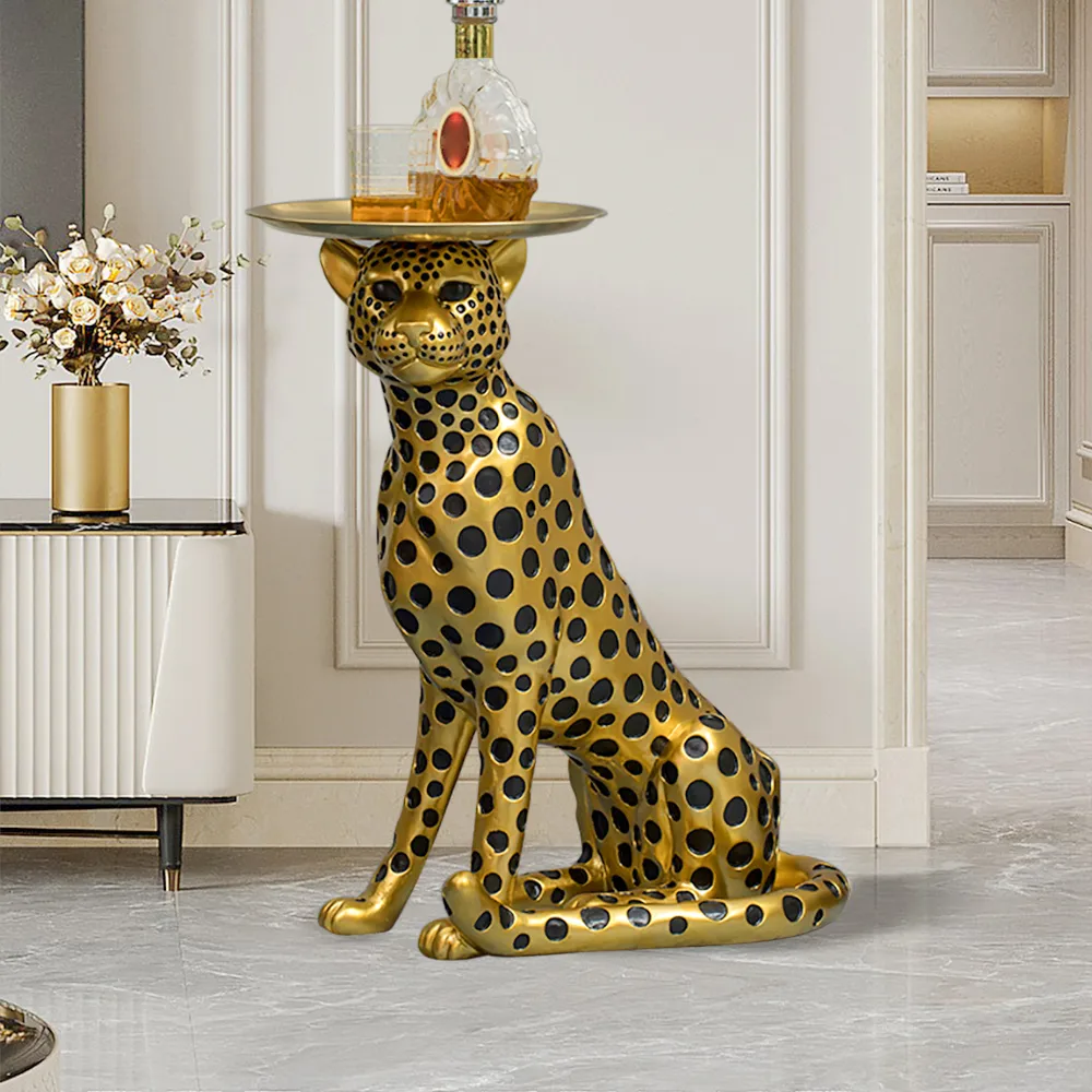 Resin Panther side Table Decorative Cocktail Luxury Gold Leopard Accent Table with Tray