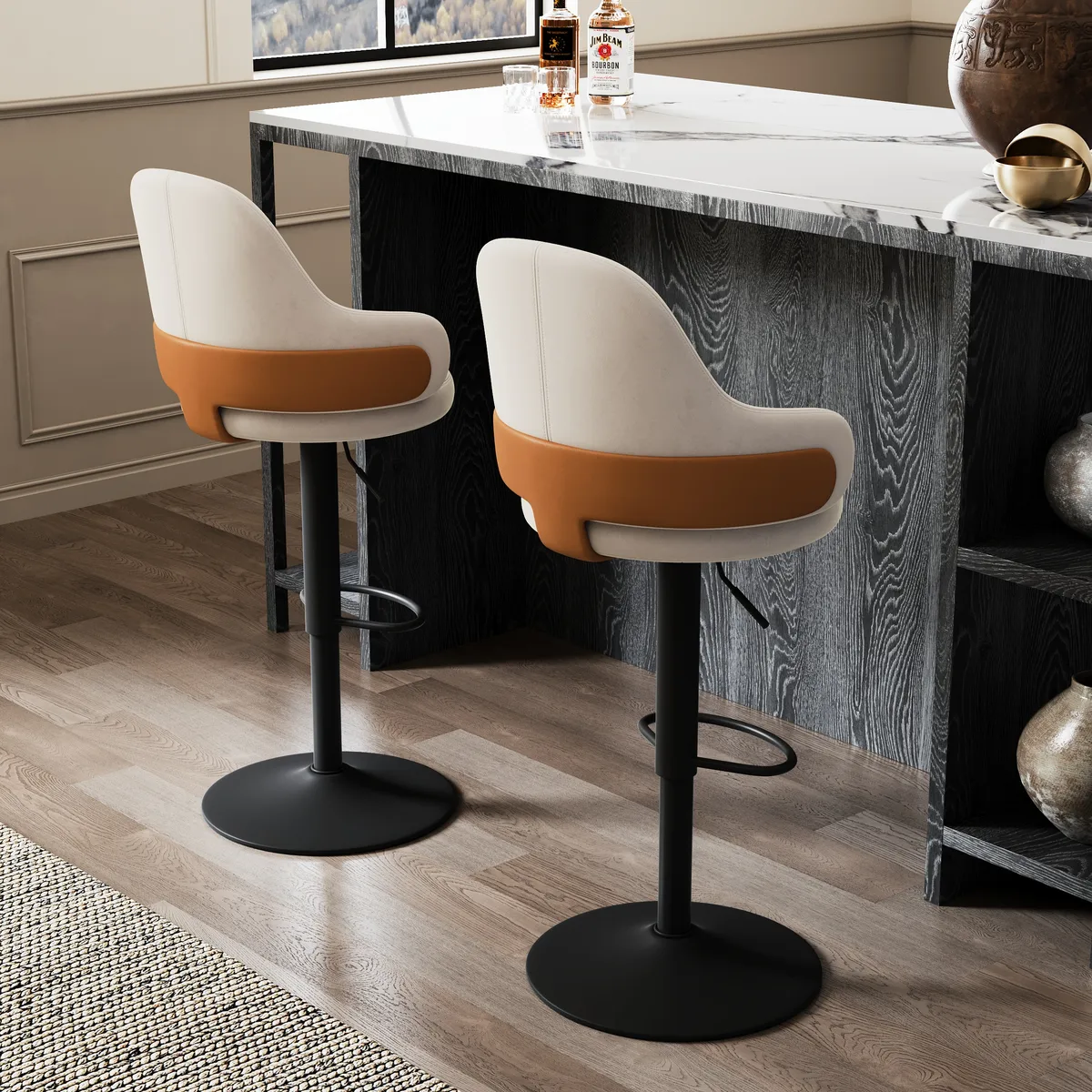 Swivel Bar Stool for Kitchen Island Curved Wing Back White Velvet Adjustable Height — image 2