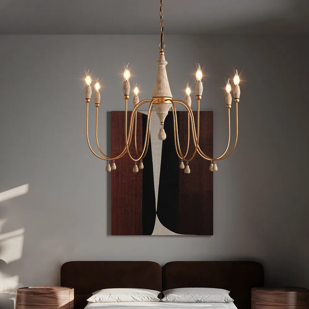 Mid-Century 8-Light Candle-Style Chandelier with Gold Ovated Wood Farmhouse Modern Pendant Light — image 7