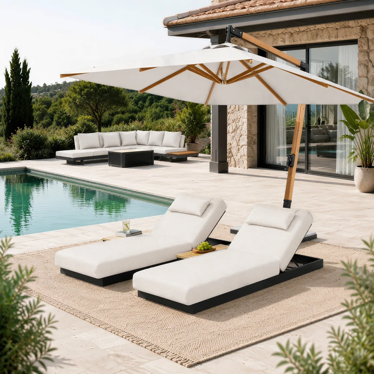 Tevara Single Outdoor Teak & Aluminum Adjustable Chaise Lounge with Black Cover — image 27