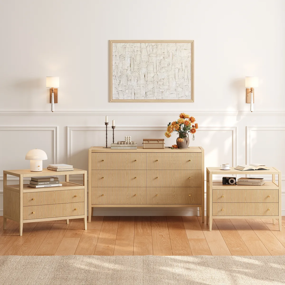 Stria Black Fluted 6-Drawer Dresser & 2 Wide Nightstands Set — image 11