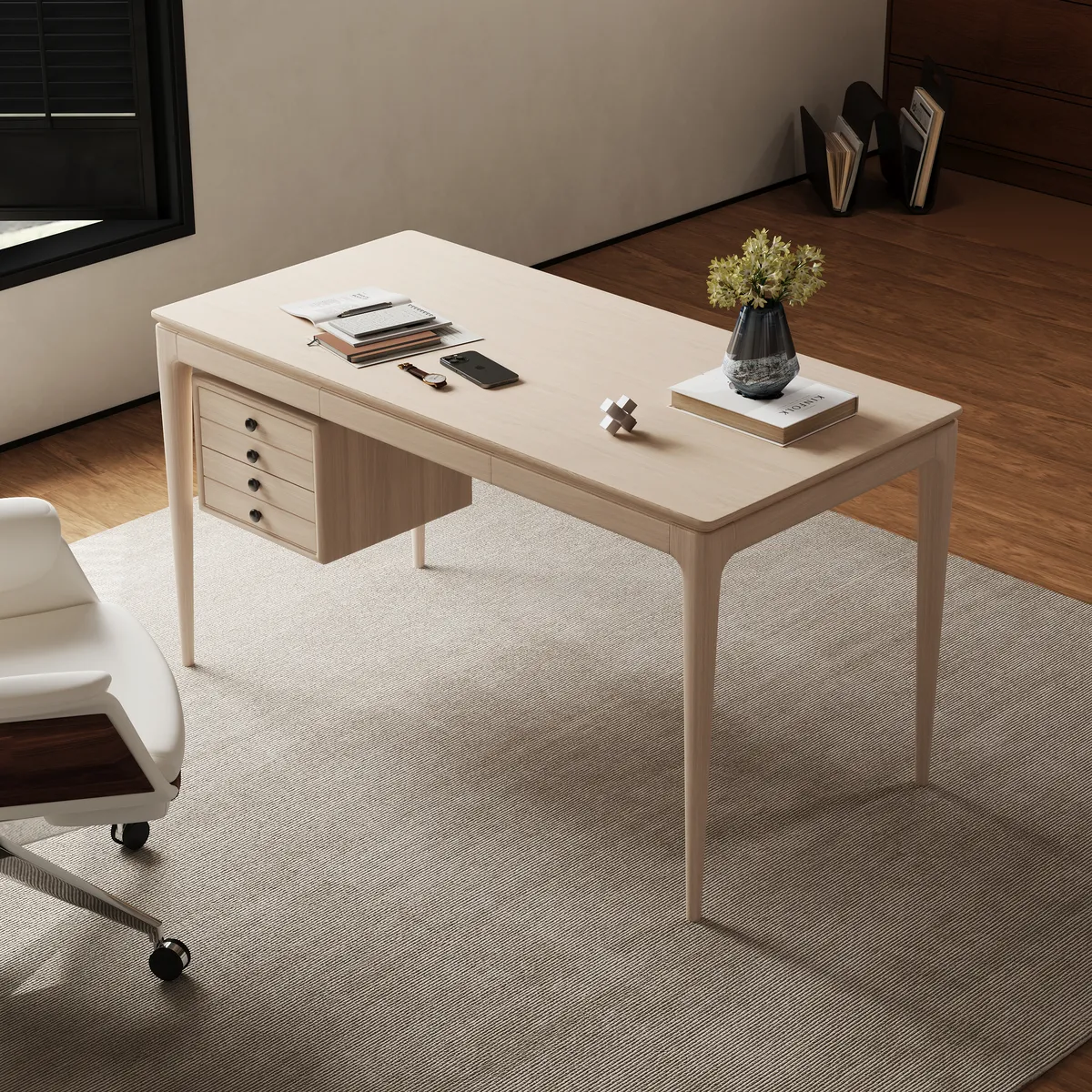 Mid-Century Style 55.1" Whitewash Ash Wood Home Office Desk with 3 Storage Drawers and Metal Accents — image 2