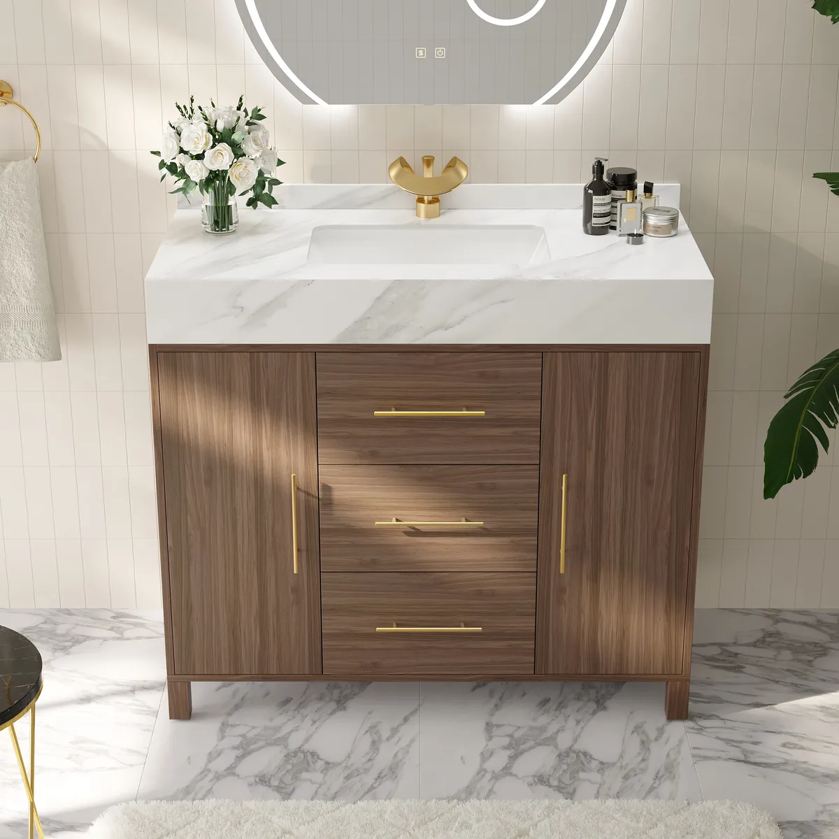 39" Walnut Freestanding Bathroom Vanity Sintered Stone Top & Silver Handles — image 11