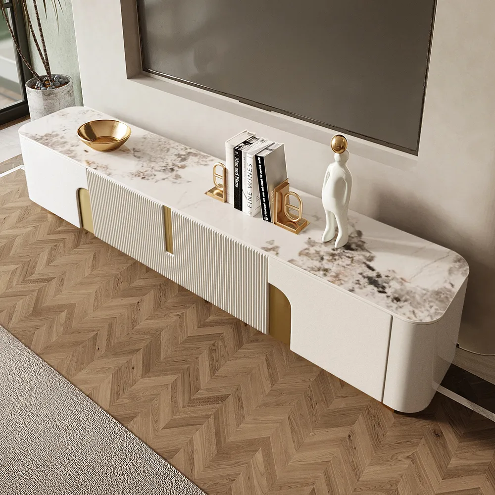 78.7" Stone Top Beige & Gold TV Stand with 4 Doors and Storage — image 5