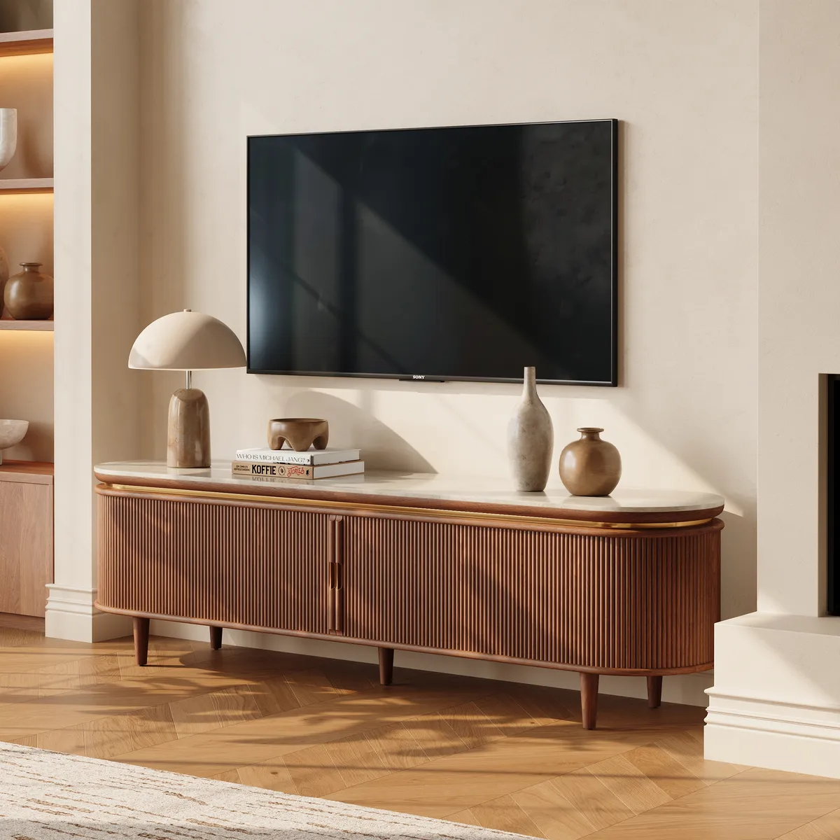 79" Ash Wood Walnut Fluted TV Stand with Sintered Stone Top — image 4
