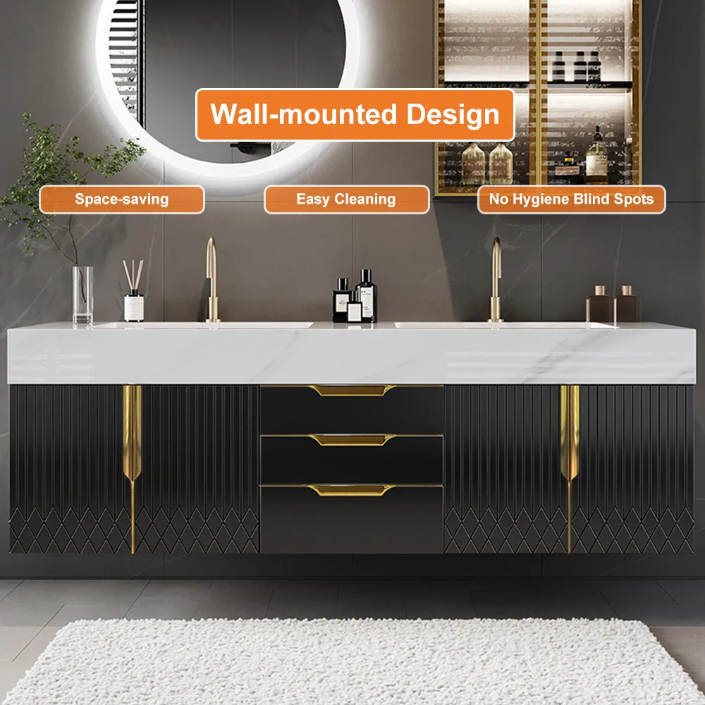 59" Wall Mounted Bathroom Vanity Faux Marble Top with Double Sink — image 24