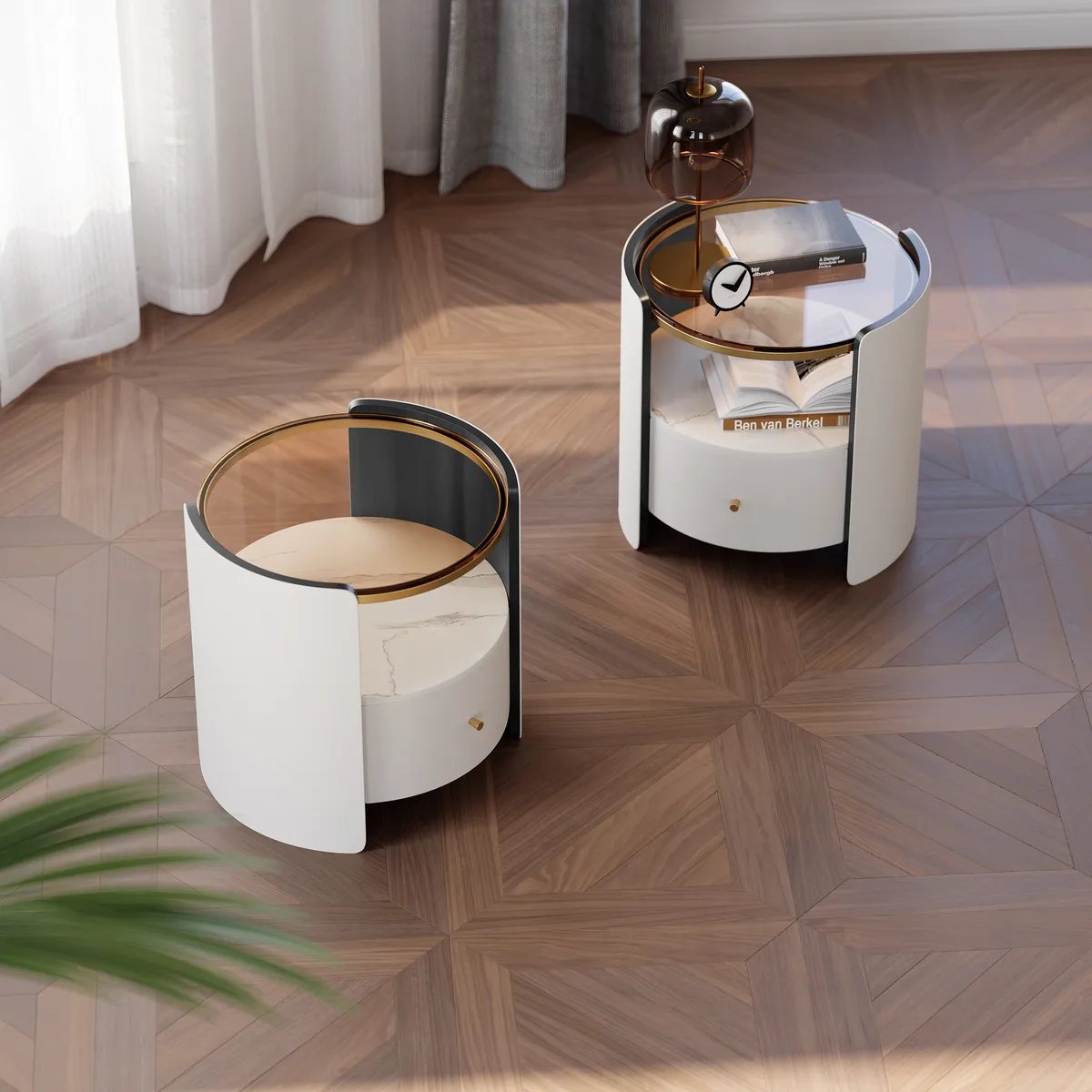 Modern Round Gray Leather Nightstand with Glass Top & Sintered Stone Bedside — image 15