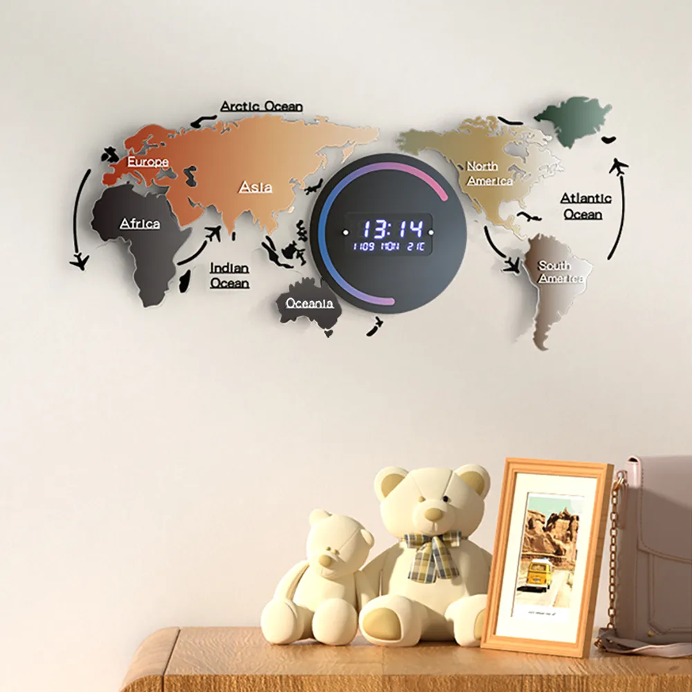 Modern Large Multifunctional World Map Wall Clock Decor With LED Digital Display Screen — image 3
