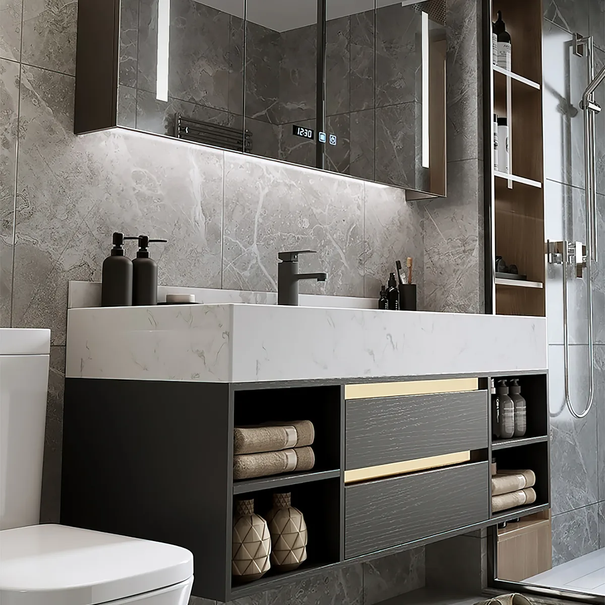 39.4" Floating Bathroom Vanity Set Cultured Marble Black with Ceramic Sink & 2 Drawers — image 2