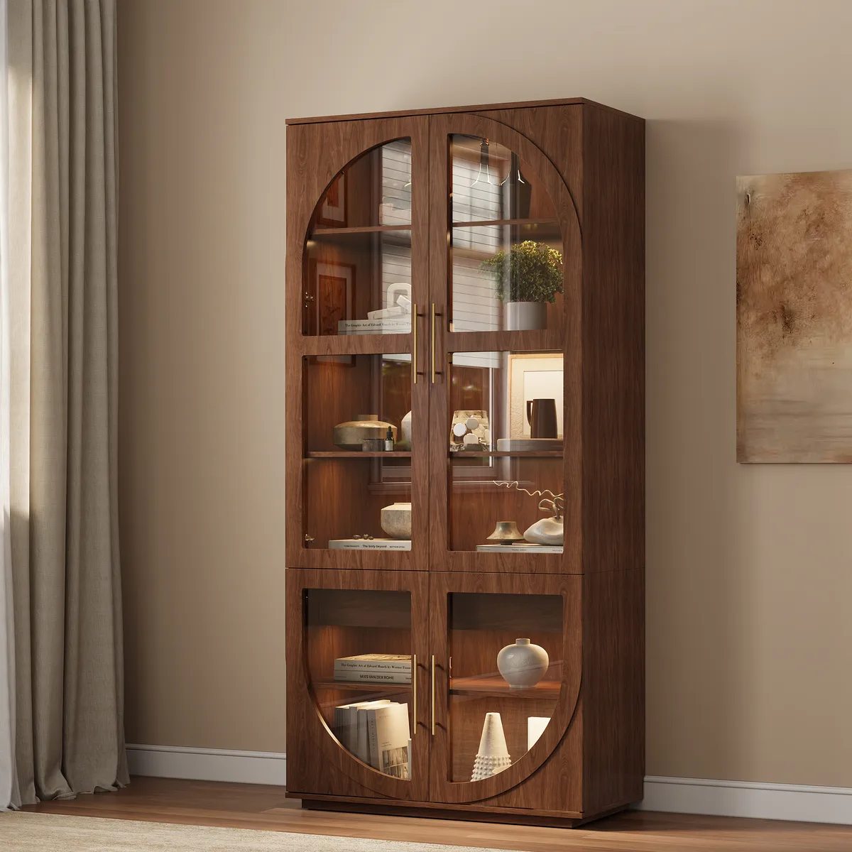 Arune Glass Tall Display Cabinet with Drawers & LED Light — image 14