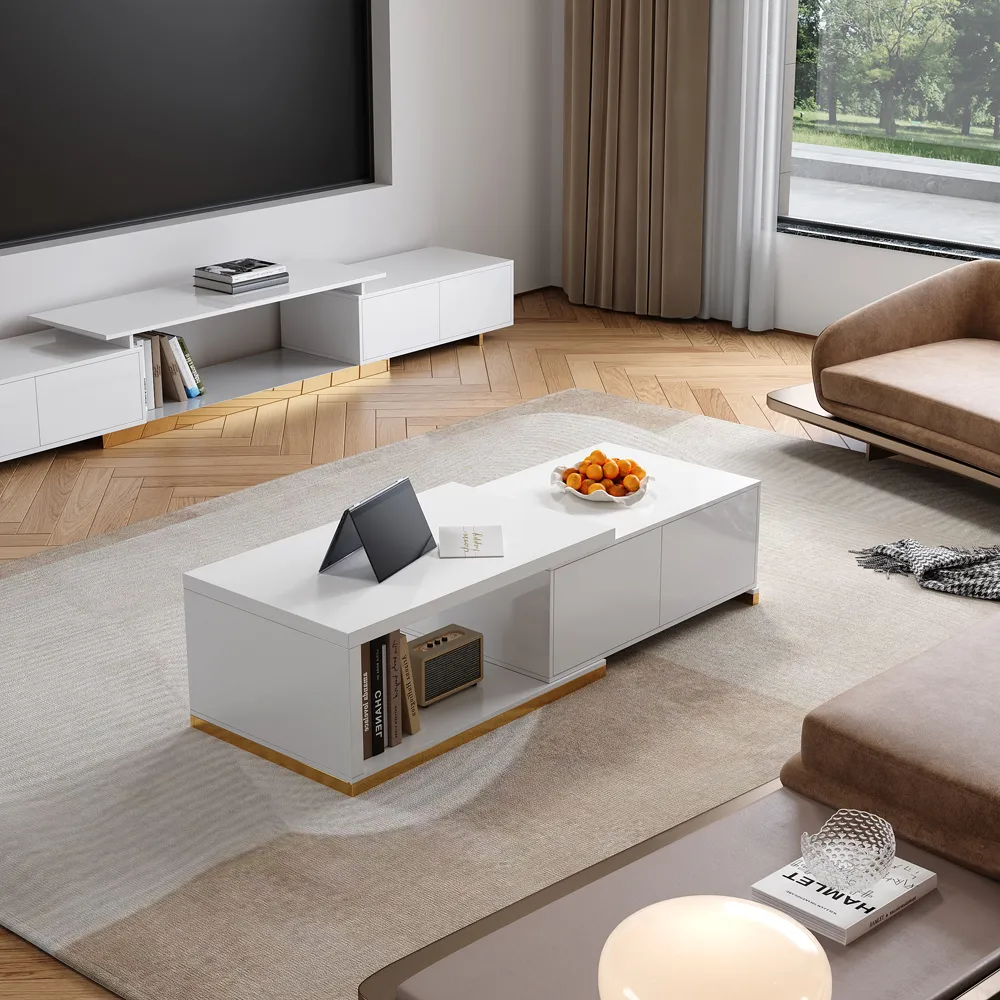 Living Room Cabinet Set Rectangle Glossy White Extendable TV Stand & 70.8" Glossy White Coffee Table Set — image 3