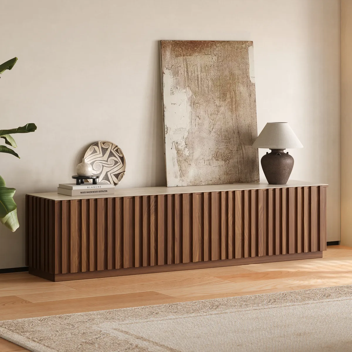 Aura TV Stand Set of Ash Wood Slatted TV Stand & Coffee Table with Sintered Stone Top — image 5